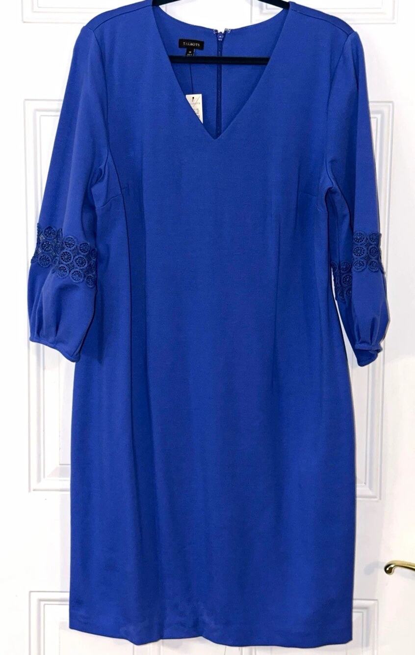 Talbots 14 Blue Sheath Dress V-Neck 3/4 Puff Sleeve Lace Knit Knee Length